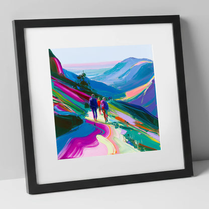 Vivid Walkers on a Mountain Path lake district walking art print in black frame