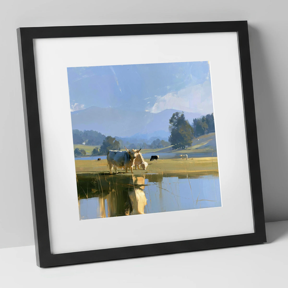 Highland Cattle Lakeshore Reflections lake district wildlife art print in black frame