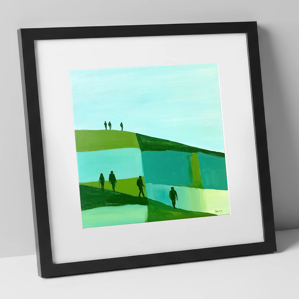 Abstract Teal Fell Walkers lake district fell art print in black frame
