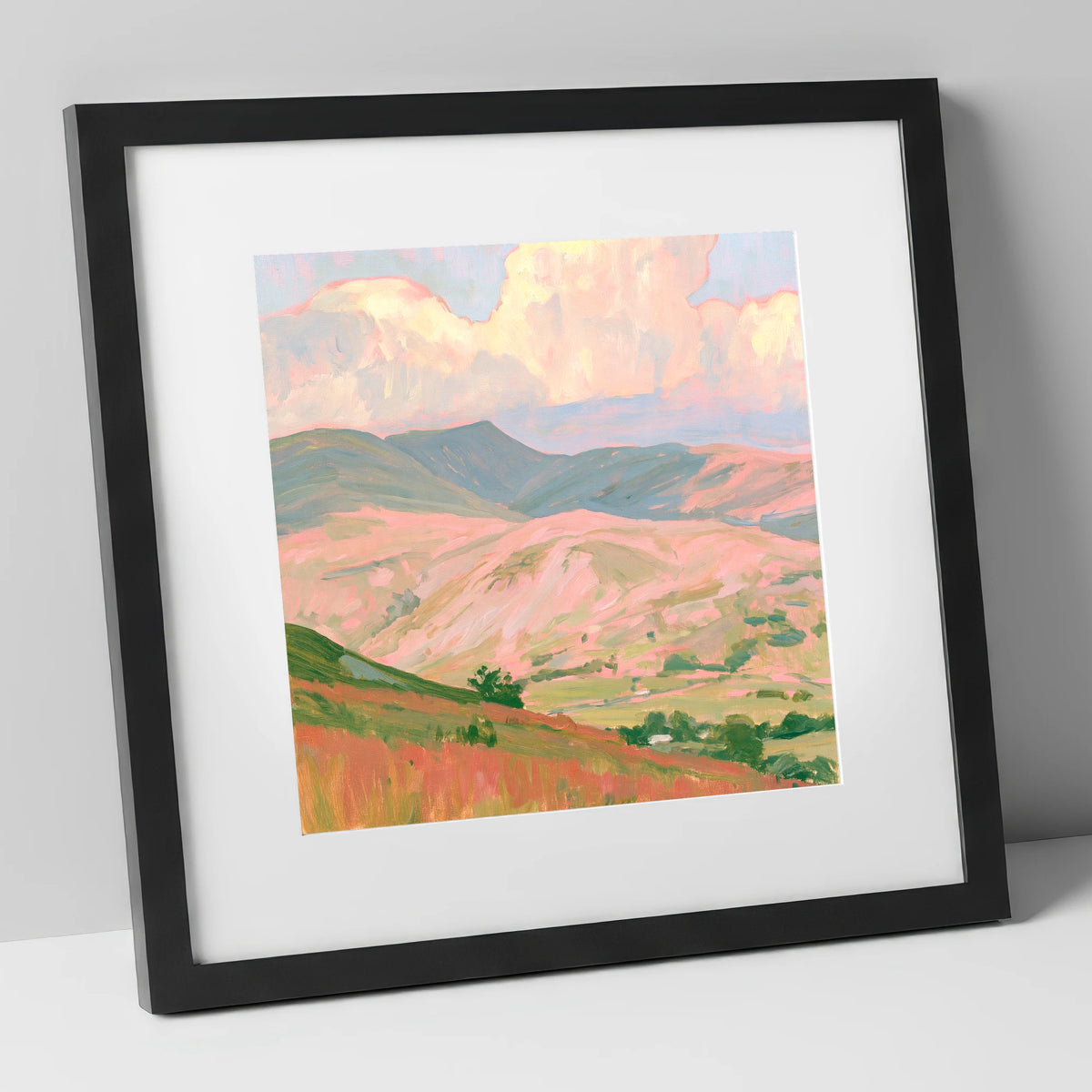 Pastel Light on Rolling Fells lake district fell art print in black frame