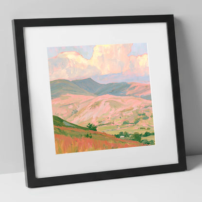 Pastel Light on Rolling Fells lake district fell art print in black frame