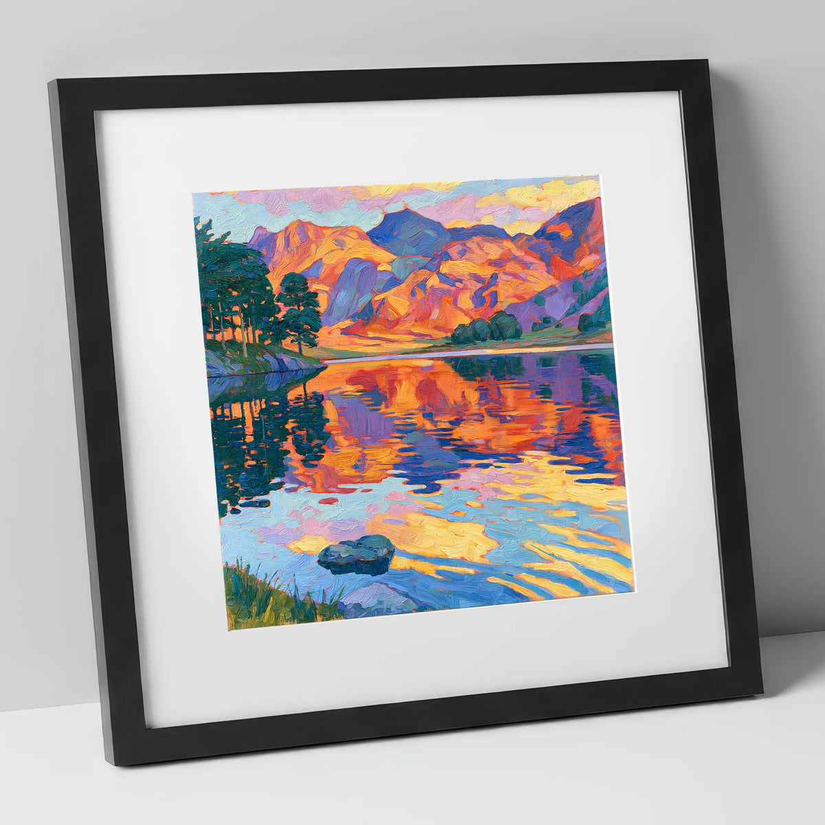 Vibrant Sunset Glow over Mountain Fells lake district lake art print in black frame