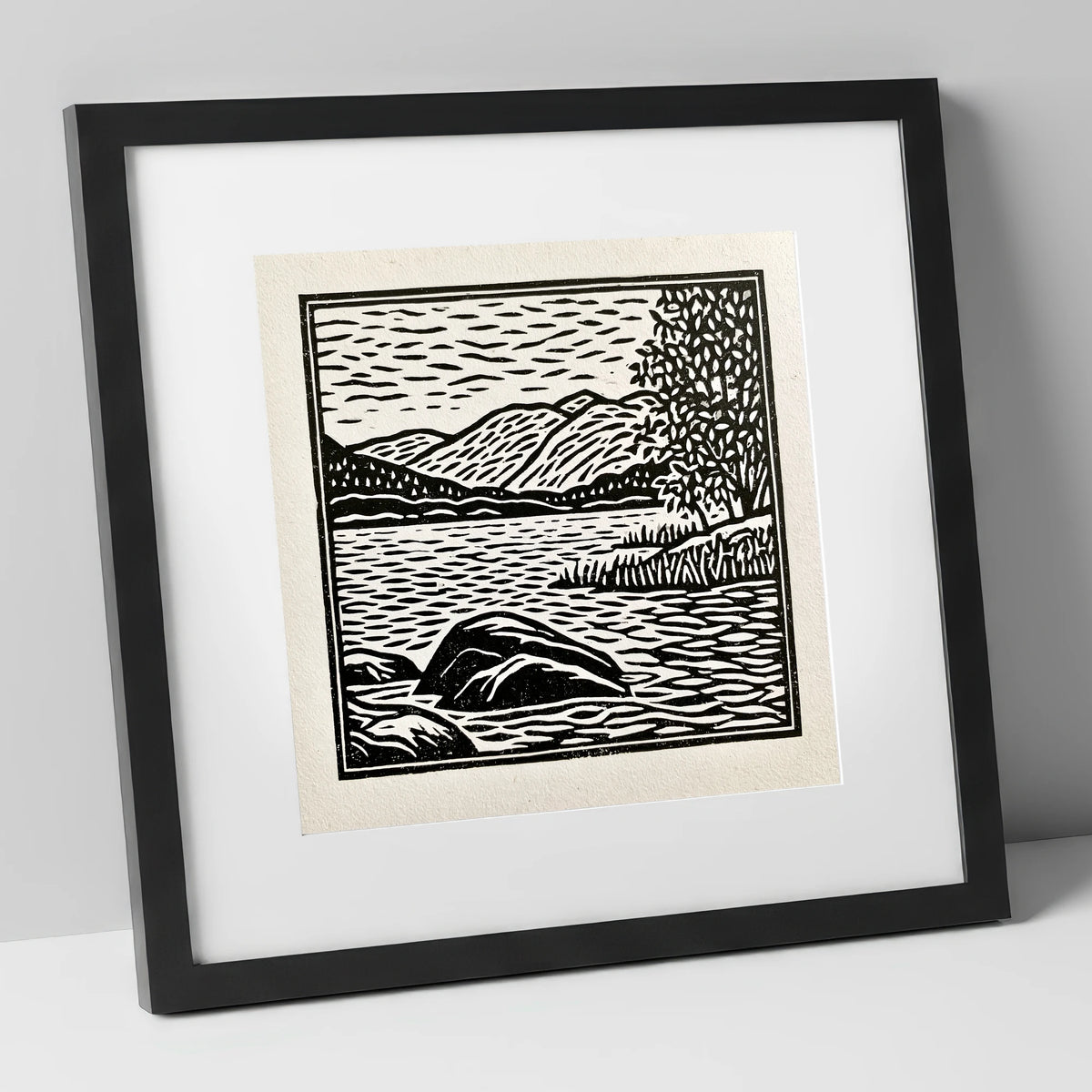 Monochrome Coniston Water Fells lake district lake art print in black frame