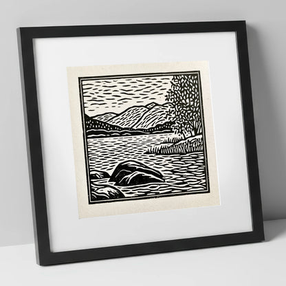 Monochrome Coniston Water Fells lake district lake art print in black frame