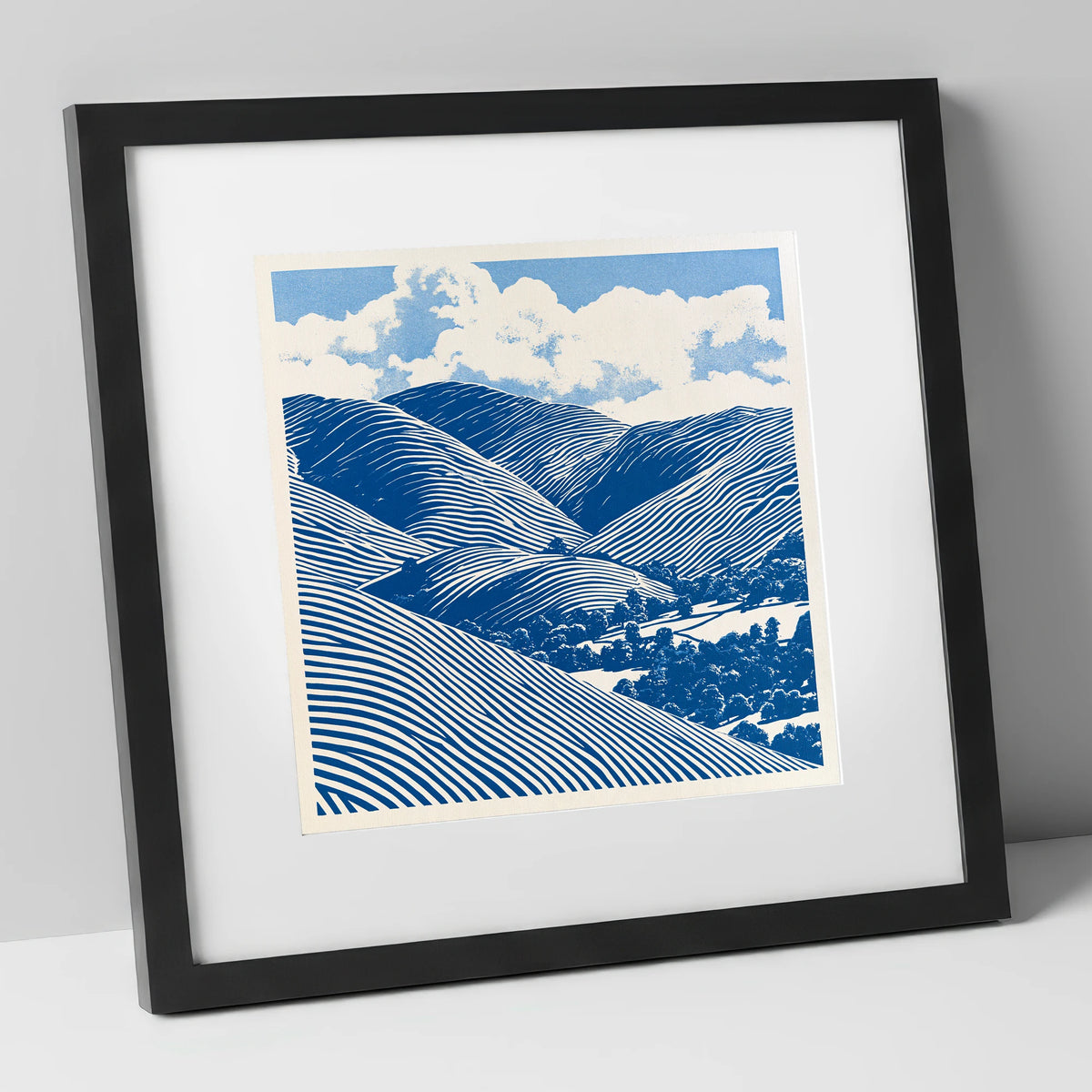 Cobalt Blue Rolling Fells lake district fell art print in black frame