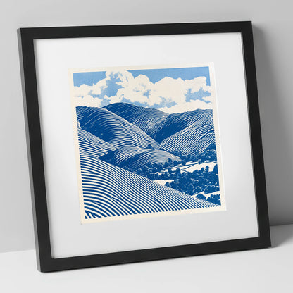 Cobalt Blue Rolling Fells lake district fell art print in black frame