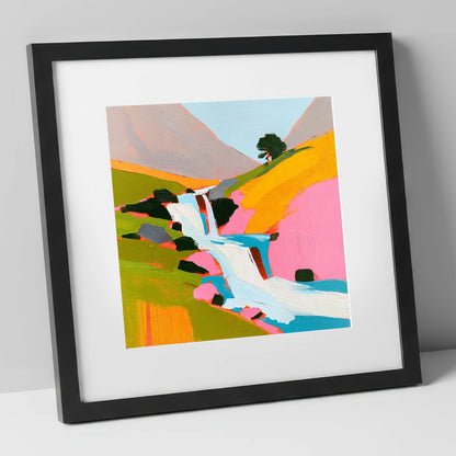 Vibrant Fellside Beck Waterfall lake district waterfall art print in black frame