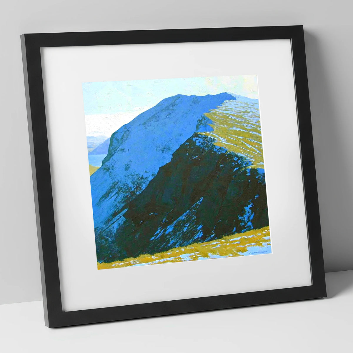 Snow on High Spy Ridge lake district fell art print in black frame