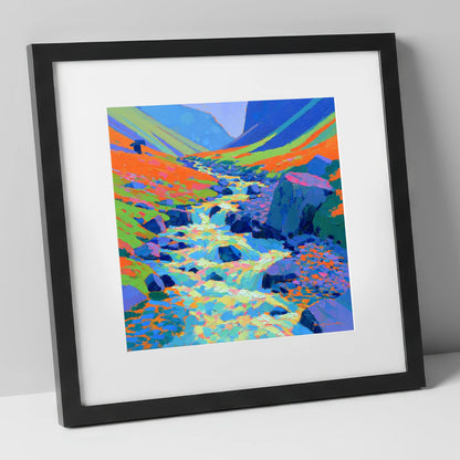 Vivid Flowing Fellside Beck lake district waterfall art print in black frame