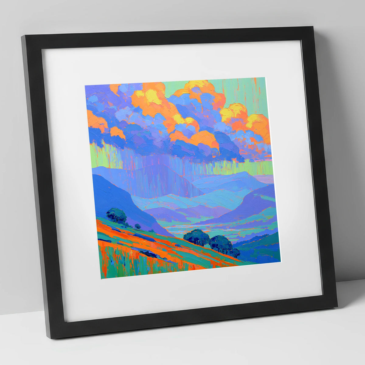 Vibrant Storm Clouds Over Fells lake district sky art print in black frame