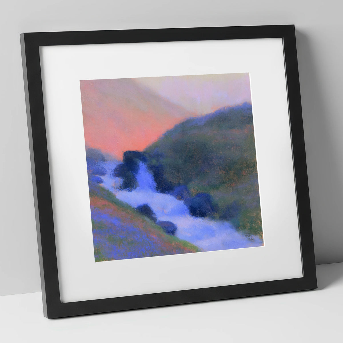 Fellside Beck in Peach Twilight lake district waterfall art print in black frame