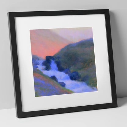 Fellside Beck in Peach Twilight lake district waterfall art print in black frame