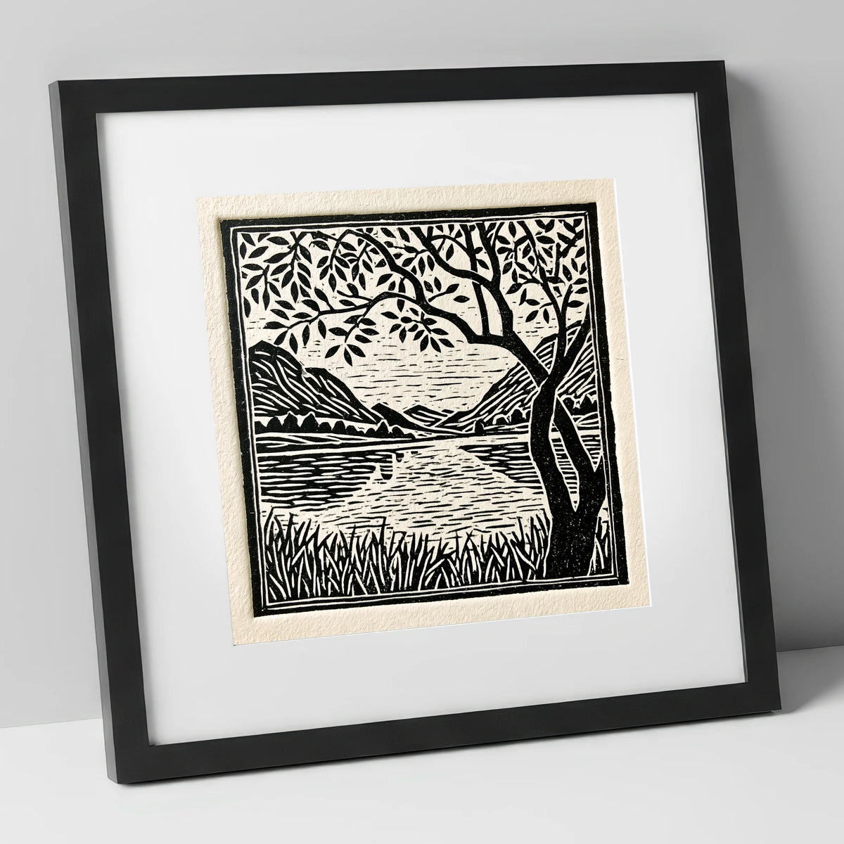 Still Dawn Lake in Monochrome lake district lake art print in black frame