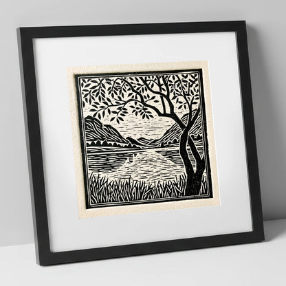 Still Dawn Lake in Monochrome lake district lake art print in black frame