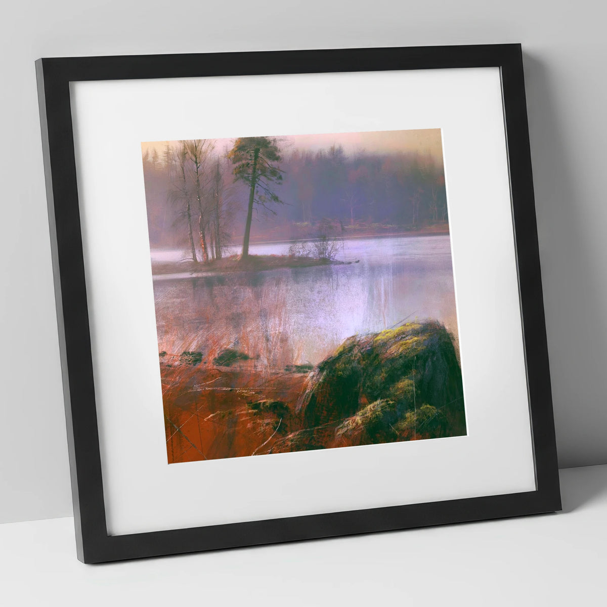 Tarn Hows Island Pine lake district lake art print in black frame