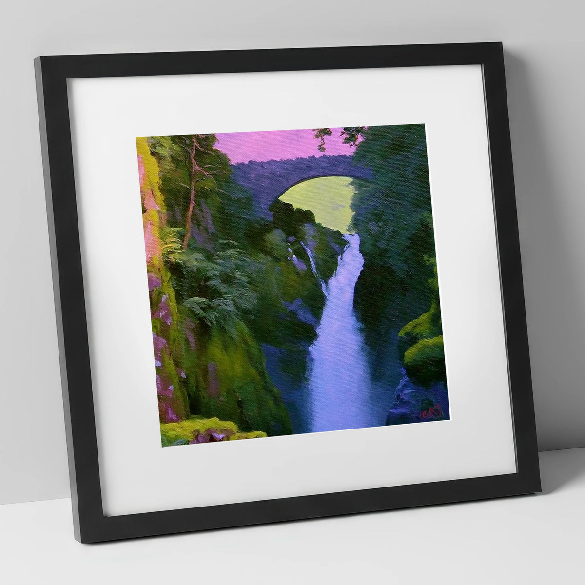 Aira Force Waterfall Magenta Sky lake district waterfall art print in black frame