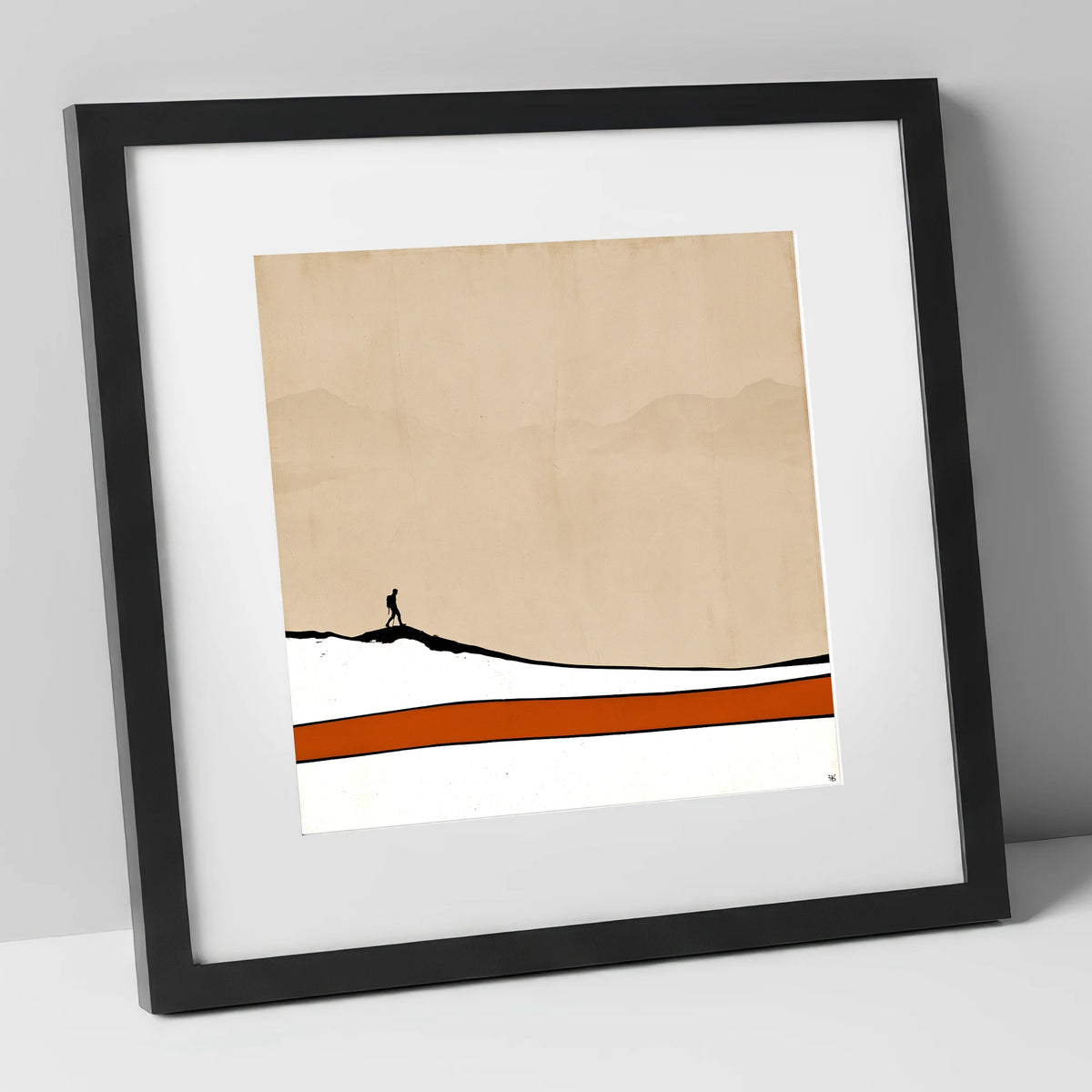 Hiker Silhouette against Distant Fells lake district walking art print in black frame