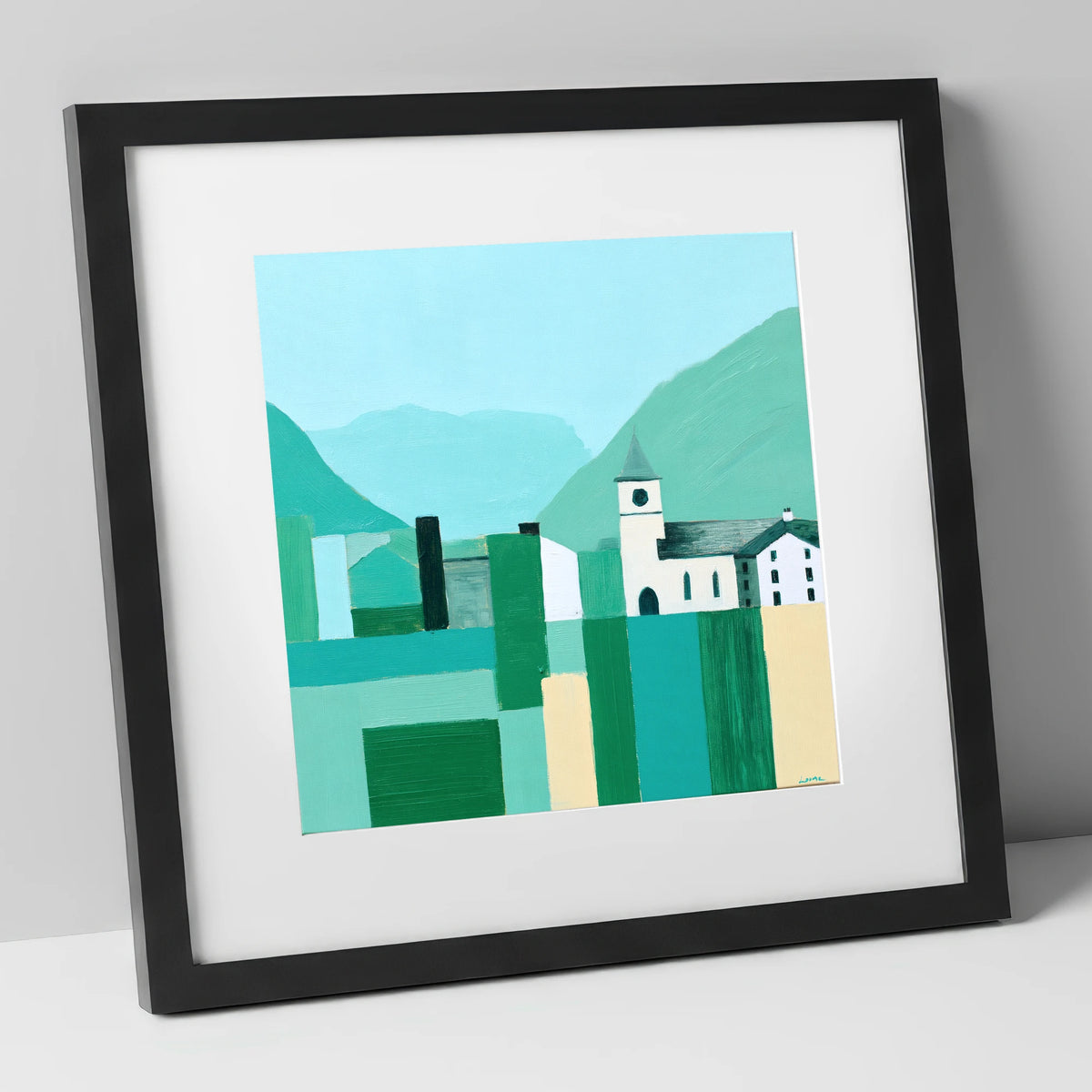 Keswick Townscape in Bold Greens lake district village art print in black frame