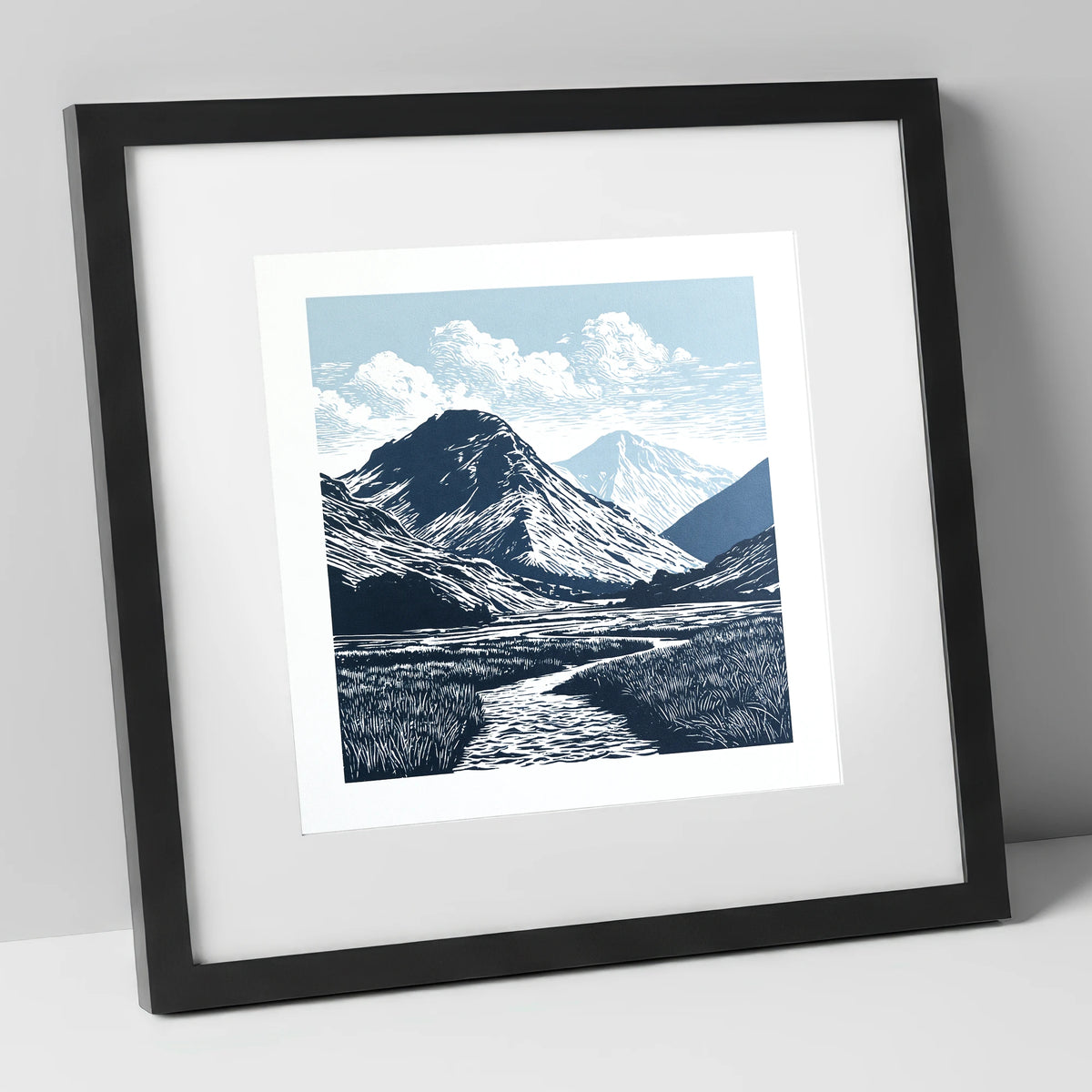 Scafell Pike in Deep Navy lake district fell art print in black frame