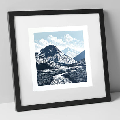 Scafell Pike in Deep Navy lake district fell art print in black frame