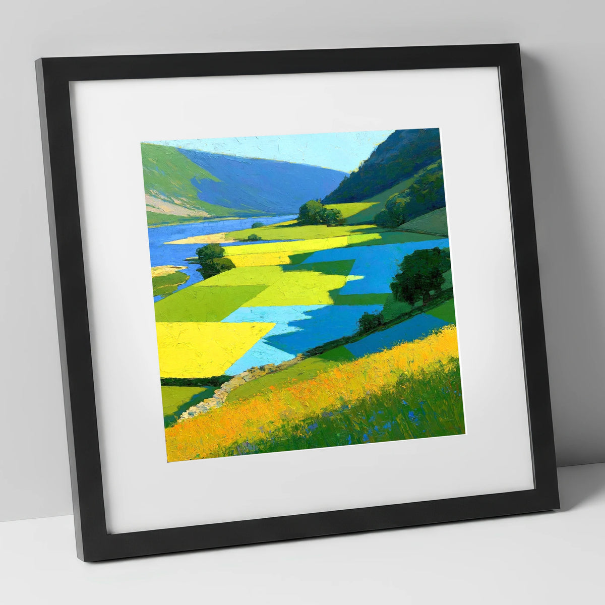 Sunlit Valley Pastures and Blue Shadows lake district valley art print in black frame