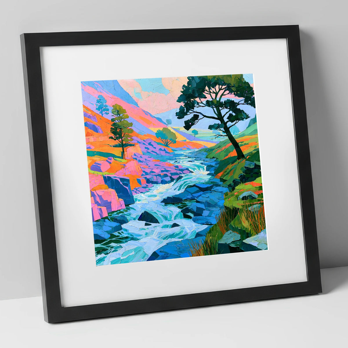 Colourful Rushing Fellside Beck lake district waterfall art print in black frame
