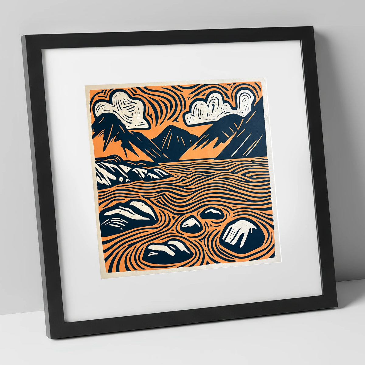 Graphic Terracotta Wastwater Landscape lake district lake art print in black frame