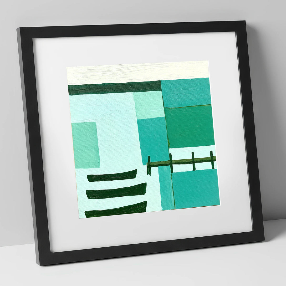 Abstract Teal Windermere Boats lake district lake art print in black frame