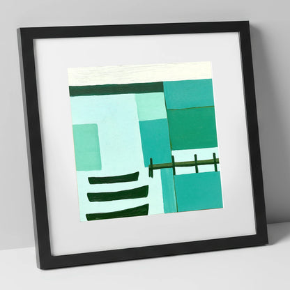 Abstract Teal Windermere Boats lake district lake art print in black frame