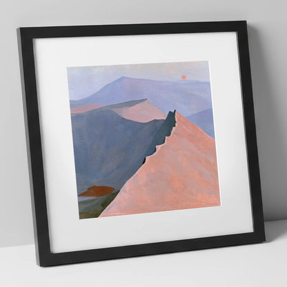 Striding Edge in Peach Light lake district walking art print in black frame