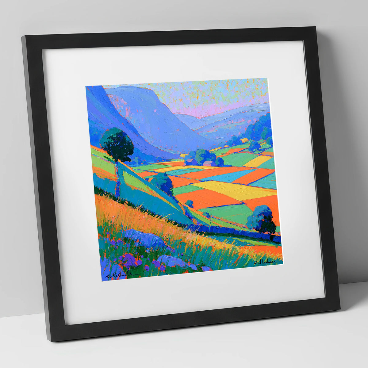 Bold Patchwork Fields and Fells lake district valley art print in black frame