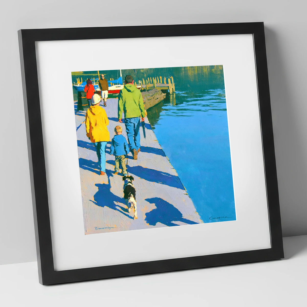 Vibrant Ambleside Family Dog Walk gifts for dog walkers art print in black frame