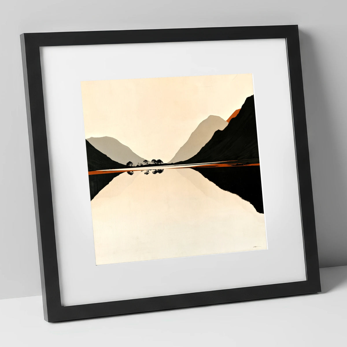 Minimalist Dawn Lake Silhouette lake district lake art print in black frame