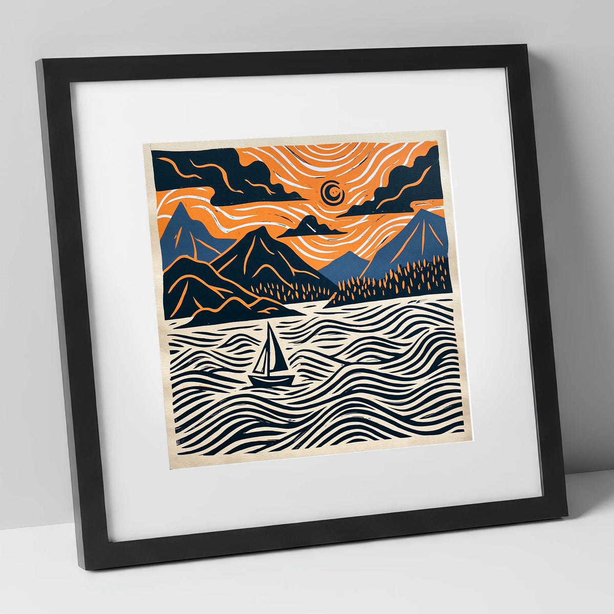 Derwentwater Sailboat Beneath Swirling Skies lake district lake art print in black frame