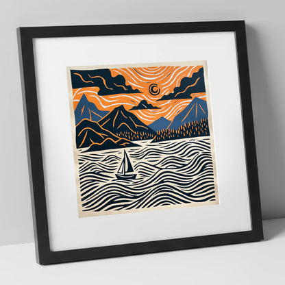 Derwentwater Sailboat Beneath Swirling Skies lake district lake art print in black frame