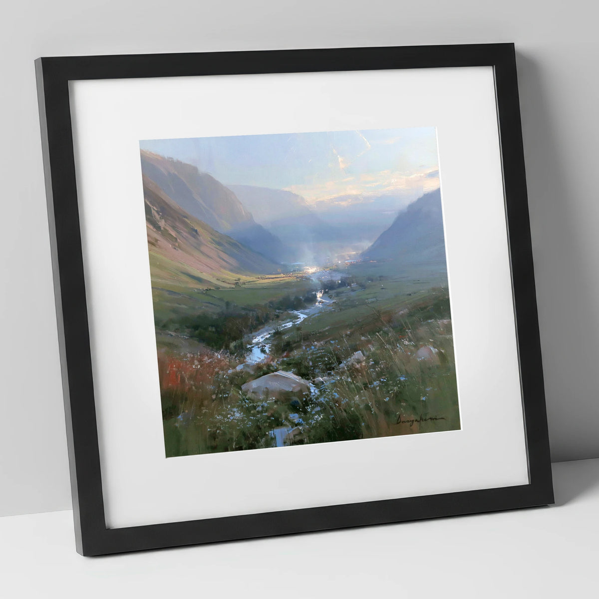 Valley Beck in Morning Haze lake district valley art print in black frame