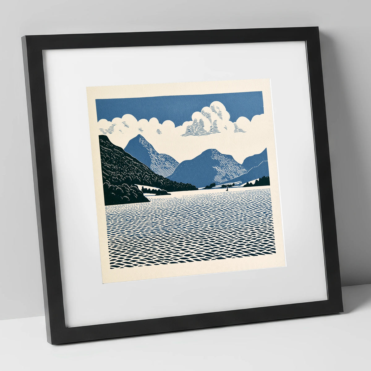 Graphic Navy Ullswater Landscape lake district lake art print in black frame