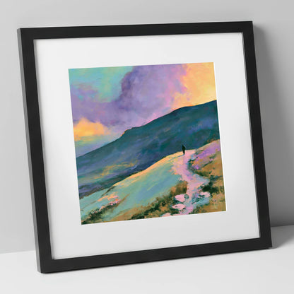 Lone Hiker Under Pastel Skies lake district walking art print in black frame
