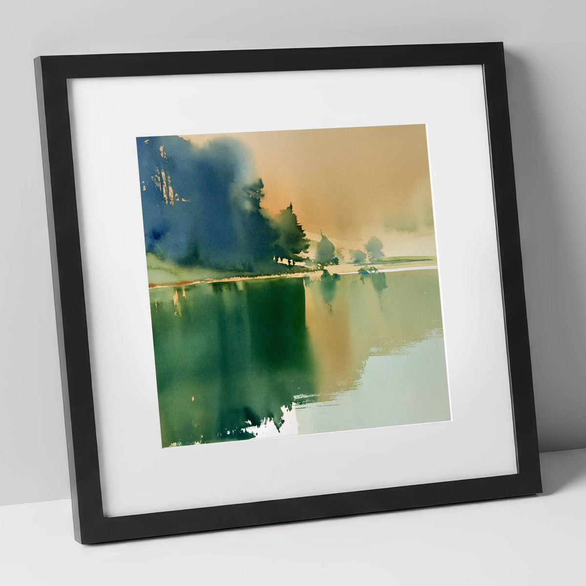 Calm Lake Reflections In Teal lake district lake art print in black frame