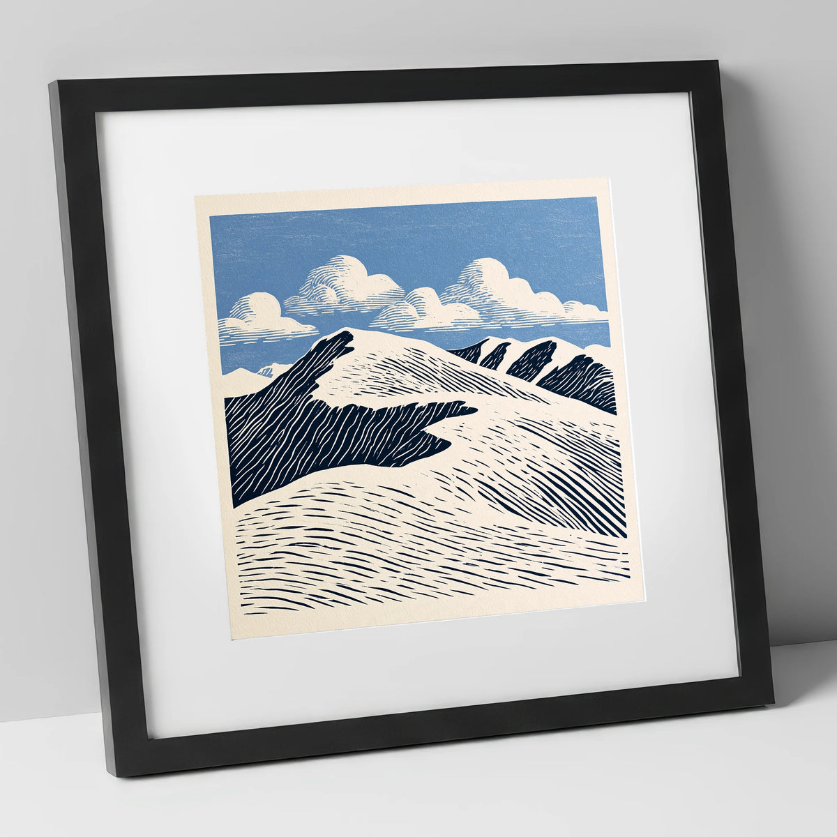 Graphic Helvellyn Ridge in Navy lake district fell art print in black frame