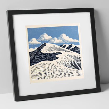 Graphic Helvellyn Ridge in Navy lake district fell art print in black frame