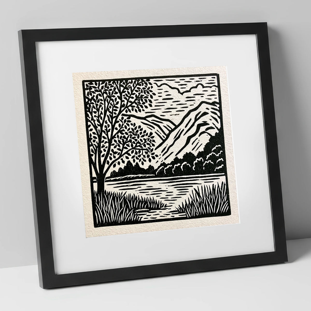 Monochrome Grasmere Water and Fells lake district lake art print in black frame