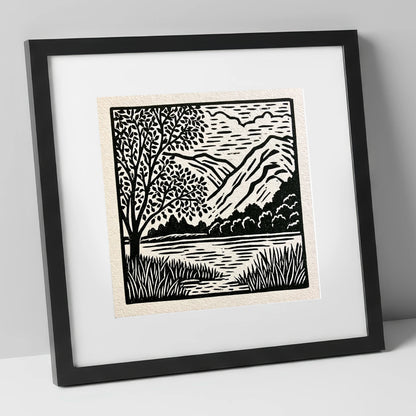 Monochrome Grasmere Water and Fells lake district lake art print in black frame