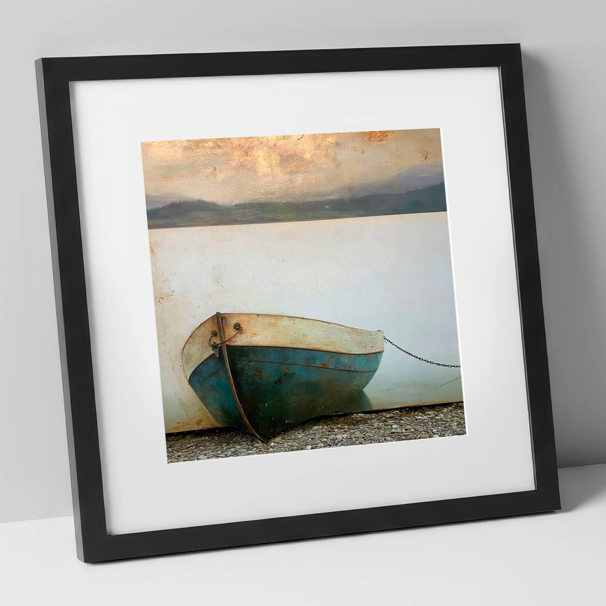 Grounded Boat on Misty Windermere lake district lake art print in black frame