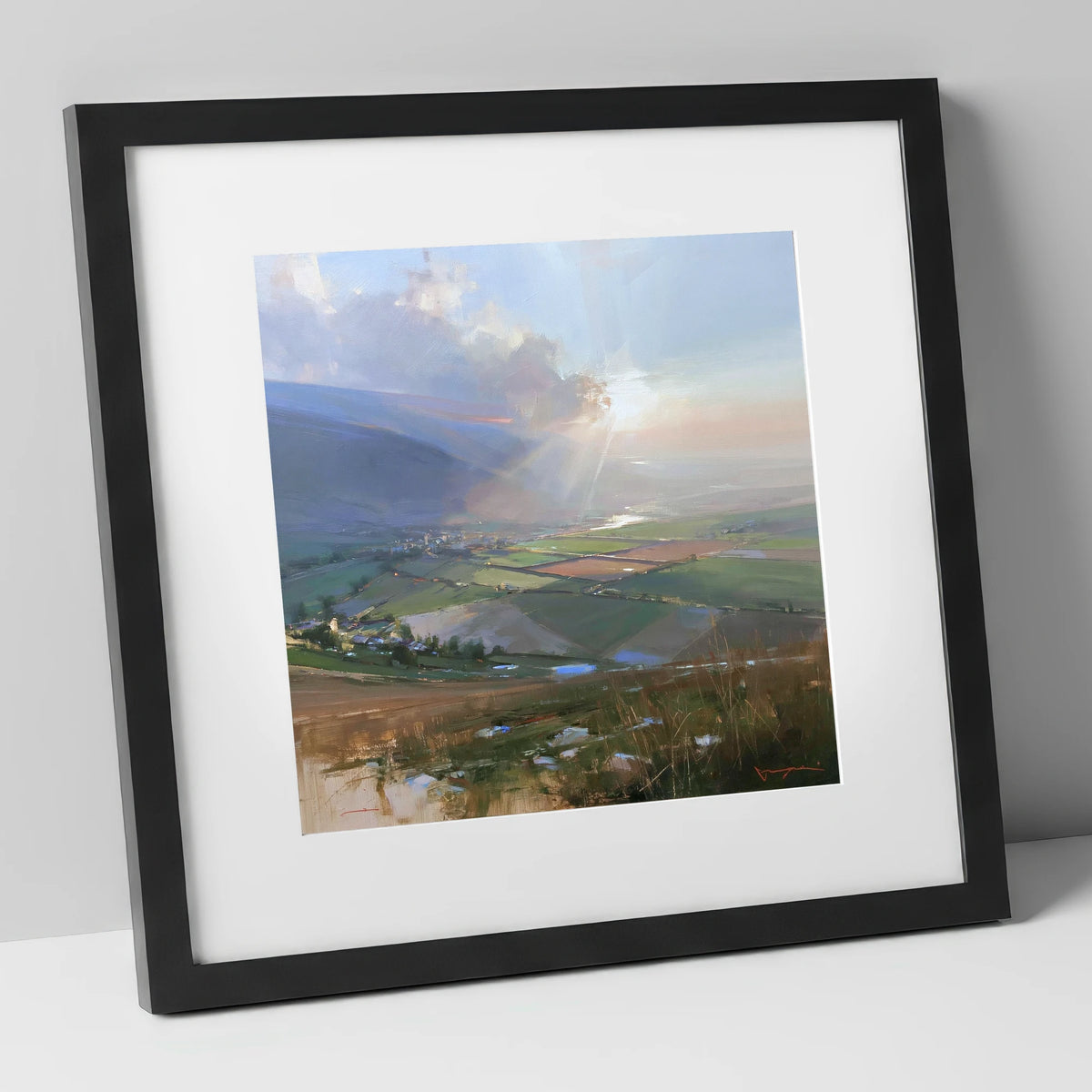 Sunburst Over a Lakeland Dale lake district valley art print in black frame