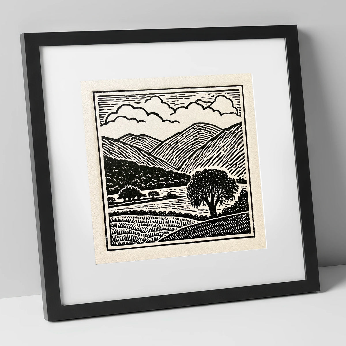 Borrowdale Fells In Striking Monochrome lake district valley art print in black frame