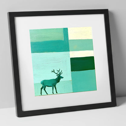 Abstract Teal Red Deer Stag lake district wildlife art print in black frame