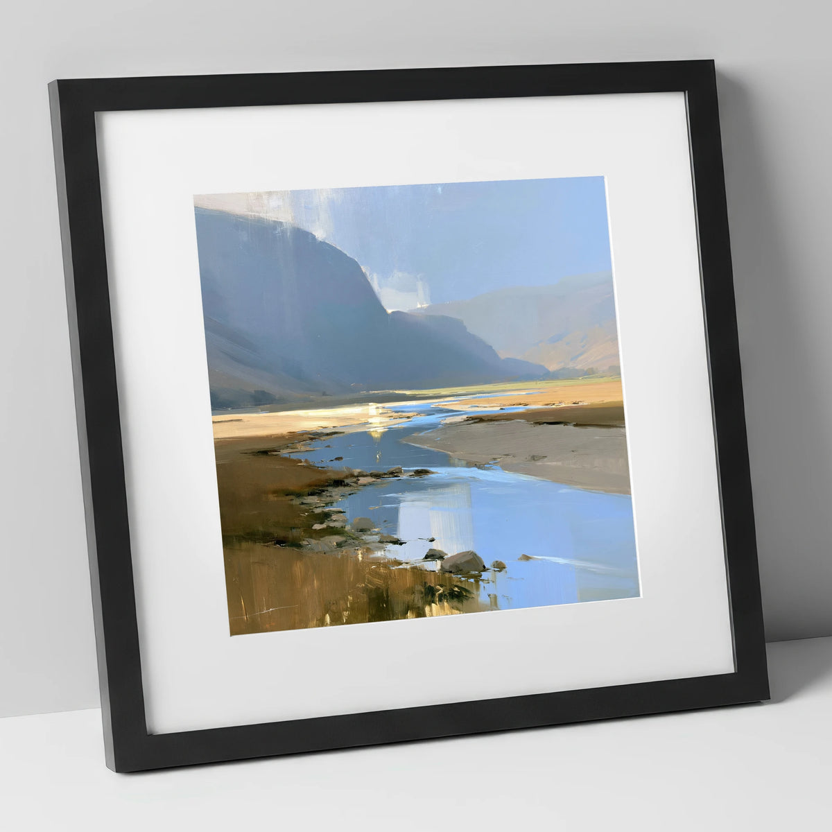 River Through Sunlit Valley lake district waterfall art print in black frame