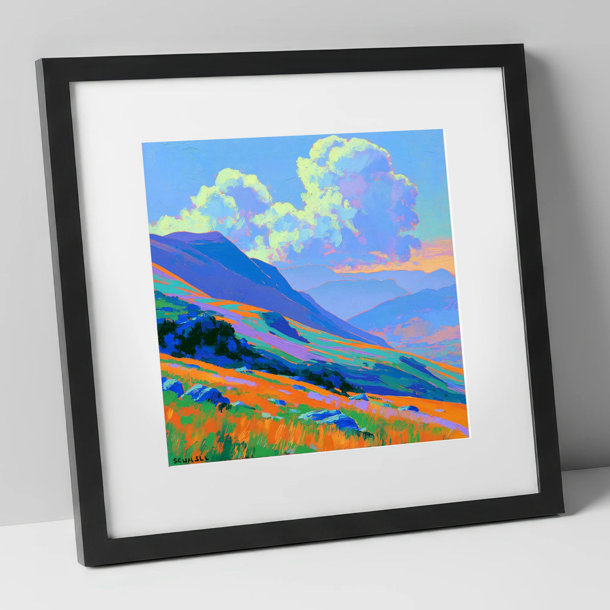 Vibrant Rolling Fells Under Cloud lake district fell art print in black frame