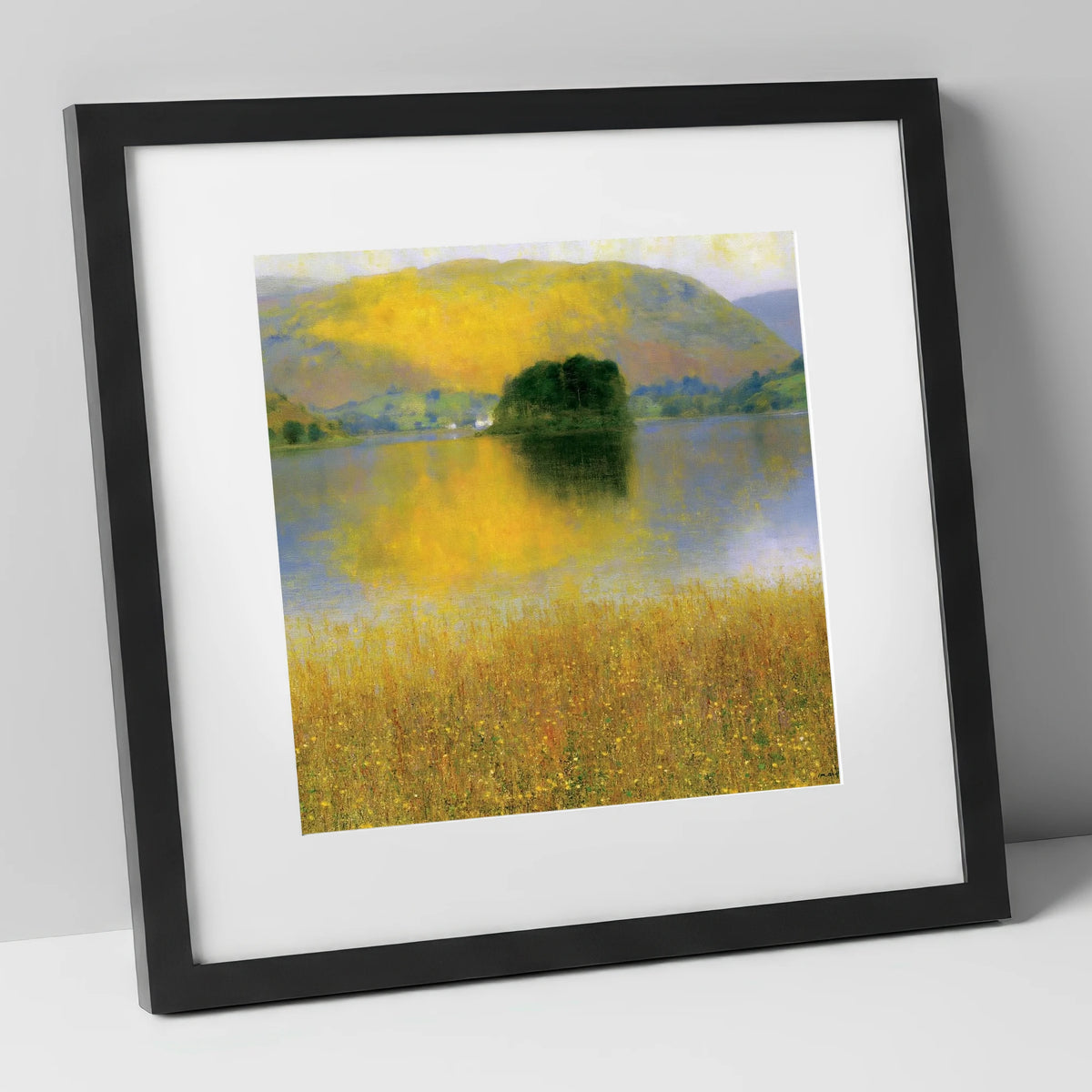 Golden Fells at Grasmere lake district lake art print in black frame
